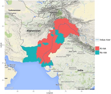 Predicted areas at risk from mercury (Hg) contamination of surface water resources in Pakistan