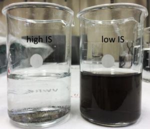 Pd nanoparticle aggregation in medium with high (left) and low IS (right), indicating accelerated particle sedimentation with increasing IS (photo by S. Lüderwald)